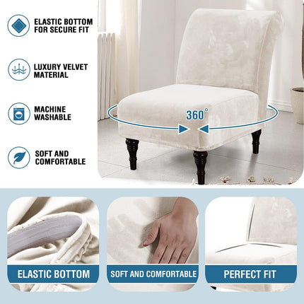 Armless Accent Chair Covers Thick Velvet Armless Chair Slipcovers High Stretch Chair Covers for Living Room Hotel Machine Washable Furniture Protector with Elastic Bottom, Ivory.