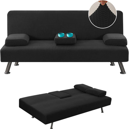 4 Pieces Stretch Futon Covers Sofa Bed Slipcover with Removable Armrests and Cupholders Covers Furniture Protector High Spandex Small Checks Jacquard Fabric, Black.