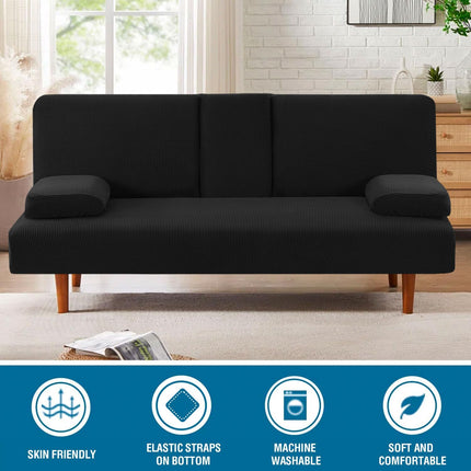 4 Pieces Stretch Futon Covers Sofa Bed Slipcover with Removable Armrests and Cupholders Covers Furniture Protector High Spandex Small Checks Jacquard Fabric, Black.