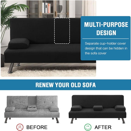 4 Pieces Stretch Futon Covers Sofa Bed Slipcover with Removable Armrests and Cupholders Covers Furniture Protector High Spandex Small Checks Jacquard Fabric, Black.