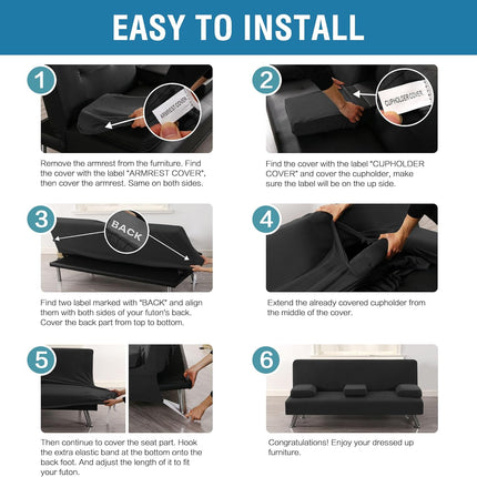 4 Pieces Stretch Futon Covers Sofa Bed Slipcover with Removable Armrests and Cupholders Covers Furniture Protector High Spandex Small Checks Jacquard Fabric, Black.