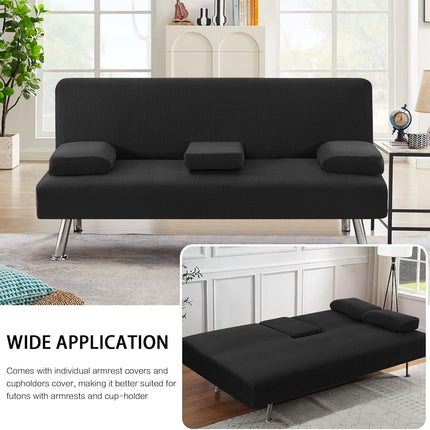 4 Pieces Stretch Futon Covers Sofa Bed Slipcover with Removable Armrests and Cupholders Covers Furniture Protector High Spandex Small Checks Jacquard Fabric, Black.