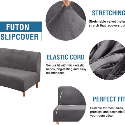 Real Velvet Futon Cover Armless Sofa Covers Sofa Bed Covers Stretch Futon Couch Cover Sofa Slipcover Furniture Protector Thick Soft Velvet Fabric Form Fitted Stay in Place, Grey.