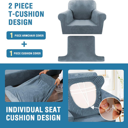 Sofa Cover 2 Piece T Chion Armchair Slipcovers Thick Velvet Couch Cover Furniture Protector Stretch T Chion Sofa Covers for 1 Chion Couch with 1 T Chion Covers, Stone Blue.