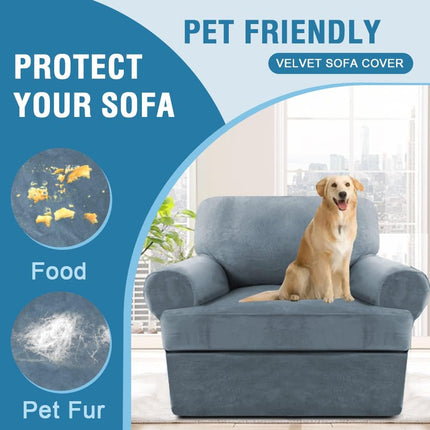 Sofa Cover 2 Piece T Chion Armchair Slipcovers Thick Velvet Couch Cover Furniture Protector Stretch T Chion Sofa Covers for 1 Chion Couch with 1 T Chion Covers, Stone Blue.