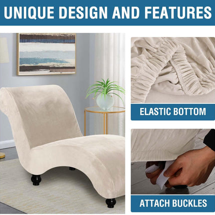 Chaise Lounge Cover Indoor Velvet Chaise Slipcover High Stretch Lounge Chair Cover Luxury Armless Chaise Cover for Living Room, Machine Washable, Ivory.