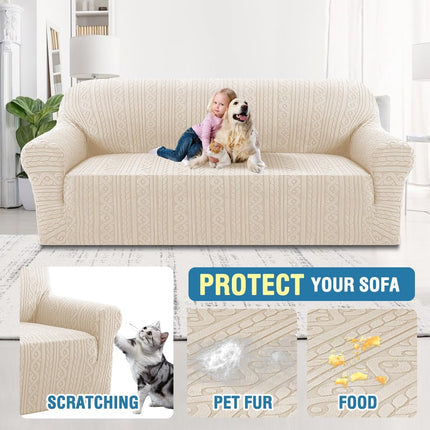 Sofa Cover 1 Piece Stretch Sofa Slipcovers Non Slip Sofa Cover with Elastic Bottom Washable for Kids, Pets Upgrade Thick Jacquard Fabric with Spiral Pattern(75"-85", Ivory).