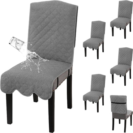 100% Waterproof Dining Chair Covers Set of 6 Teddy Fleece Kitchen Chair Covers Parson Chair Slipcovers for Kitchen Dining Room, Grey.