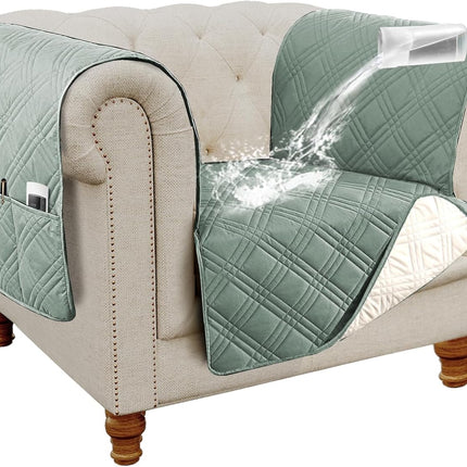 100% Waterproof Chair Slipcover Armchair Covers with Extra Long Armrest Cover Traditional Chesterfield Furniture Protector Cover for Pets Kids Children Dog Cat(Chair, Lily Pad/Beige).