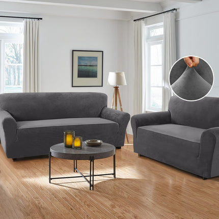 Stretch Velvet Couch Cover 2 Pieces Set Include 1 Piece Sofa Cover Couch Cover and 1 Piece Loveseat Cover Slipcover Crafted from Thick Comfy Rich Velour (Sofa + Loveseat,Gray).