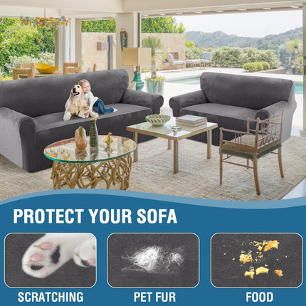 Stretch Velvet Couch Cover 2 Pieces Set Include 1 Piece Sofa Cover Couch Cover and 1 Piece Loveseat Cover Slipcover Crafted from Thick Comfy Rich Velour (Sofa + Loveseat,Gray).
