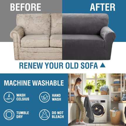 Stretch Velvet Couch Cover 2 Pieces Set Include 1 Piece Sofa Cover Couch Cover and 1 Piece Loveseat Cover Slipcover Crafted from Thick Comfy Rich Velour (Sofa + Loveseat,Gray).