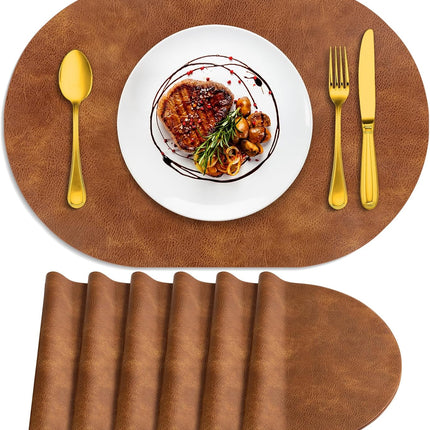 Placemats, Heat Resistant Oval Placemats Set of 6 Washable 12 x 17 Inch, Waterproof Table Mats, Wipeable Pu Place Mats for Kitchen, Dining Room, Turmeric Brown.