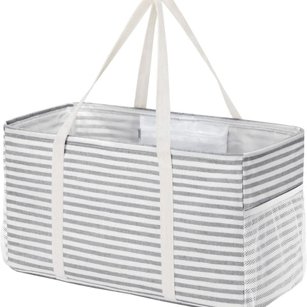 Extra Large Tote Bag, Reable Grocery Bags with Metal Wire Frame and Handles, Standing Utility Foldable Shopping Bags for Storage, Picnics, Beach, Laundry, Car, 46L, 1 Pack, Gray.