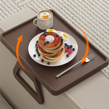 Plastic Rotating Couch Armrest Table, Adjtable Sofa Arm Clip Holder Tray for Snack/Fast Food/Fruit/Drink, Large Foldable Stable Sofa Table with Reinforced Clamp, Brown.