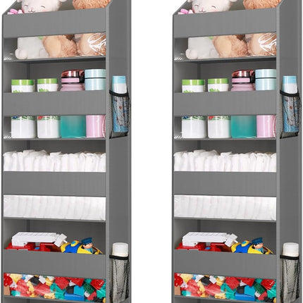 Over the Door Organizer, 5 Shelf Clear Window Hanging Storage with 4 Mesh Side Pockets, Anti Tilt 40 lbs Load Behind Door for Pantry, Nursery, Bathroom, Bedroom, Kitchen, Dorm, 2 Pack.
