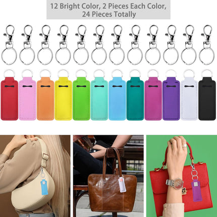 24 Pieces Chapstick Keychain Holder Lip Balm Holder Keychains Neoprene Lipstick Holder with 24 Pieces Metal Clip Cords for Purse Backpack.