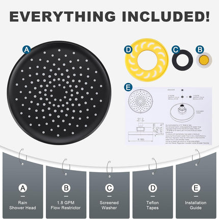Shower Head High Pressure Rain, Luxury Bathroom Showerhead with Adjustable Angles, Anti-Clogging Silicone Nozzles - 6 Inch Round, Matte Black.
