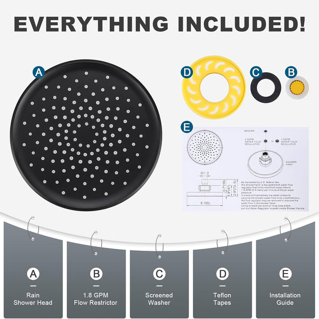 Shower Head High Pressure Rain, Luxury Bathroom Showerhead with Adjustable Angles, Anti-Clogging Silicone Nozzles - 6 Inch Round, Matte Black.