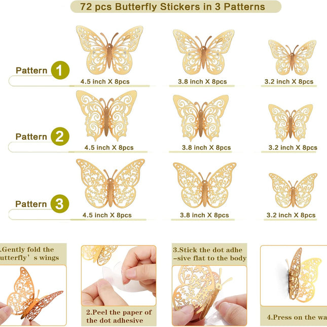 72 Pcs Gold Butterfly Decorations, 3 Sizes 3 Styles, 3D Butterfly Wall Decor, Party Decorations, Birthday Decorations, Butterflies for Crafts, Cake Decorating, Wall Room Decor.