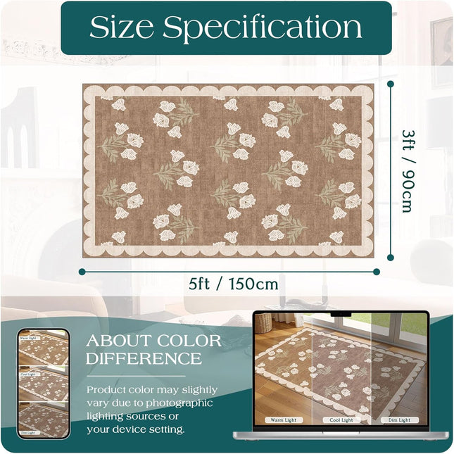 3x5 Floral Entry Rug - Small Washable Indoor Outdoor Mats for Front Door Non-Slip Porch Rug Tan Boho Neutral Farmhouse Throw Rugs for Living Room Bedroom Entryway Kitchen Office Porch Decor.