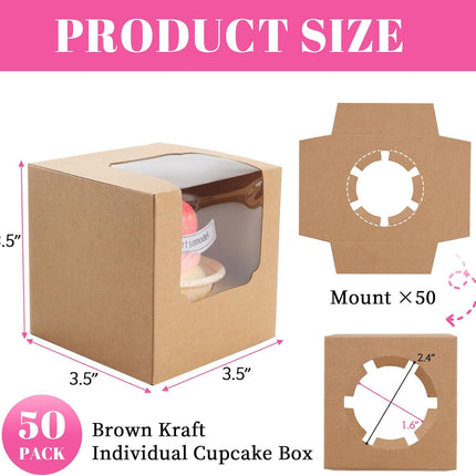 50 Pcs Cupcake Boxes Individual Cupcake Containers Pre-Assembled Single Cupcake Boxes 3.5"x3.5"x3.5" with 50 Pcs Inserts for Cupcakes Muffins Party Favors(Brown).