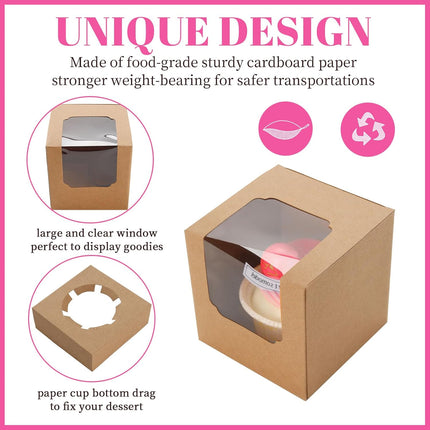 50 Pcs Cupcake Boxes Individual Cupcake Containers Pre-Assembled Single Cupcake Boxes 3.5"x3.5"x3.5" with 50 Pcs Inserts for Cupcakes Muffins Party Favors(Brown).