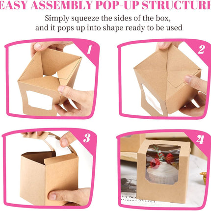 50 Pcs Cupcake Boxes Individual Cupcake Containers Pre-Assembled Single Cupcake Boxes 3.5"x3.5"x3.5" with 50 Pcs Inserts for Cupcakes Muffins Party Favors(Brown).
