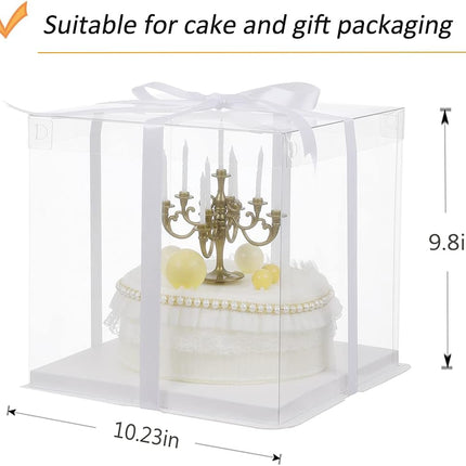10 inch Clear cake Box, Large Transparent cake Box,tall cake boxes with Ribbon,10x10x9inch - Suitable for packing 8" or 10" cakes,Clear Gift Display Box for Carry Tall Layer Gift-6Pcs-White.