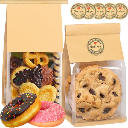 50 Pack Cookie Bags with Seal, 8.2x3.9x3.1 Inch Tin Tie Tab Lock Bakery Bags with Window Resealable Paper Packaging Bag for Muffin, Granola, Candies, Scone, Brownie, Included 50 Thank You Stickers.