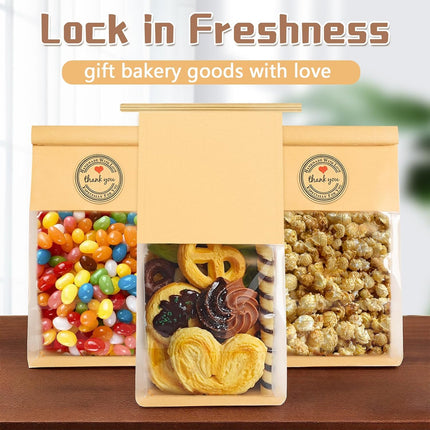 50 Pack Cookie Bags with Seal, 8.2x3.9x3.1 Inch Tin Tie Tab Lock Bakery Bags with Window Resealable Paper Packaging Bag for Muffin, Granola, Candies, Scone, Brownie, Included 50 Thank You Stickers.