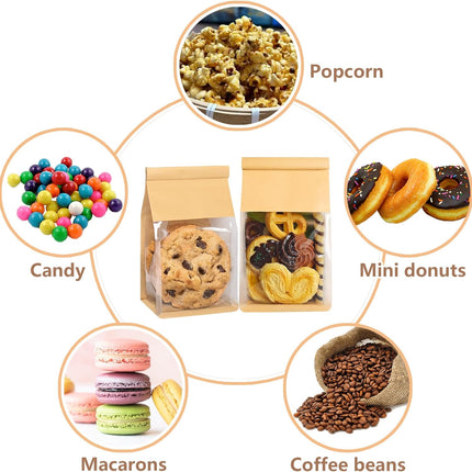50 Pack Cookie Bags with Seal, 8.2x3.9x3.1 Inch Tin Tie Tab Lock Bakery Bags with Window Resealable Paper Packaging Bag for Muffin, Granola, Candies, Scone, Brownie, Included 50 Thank You Stickers.