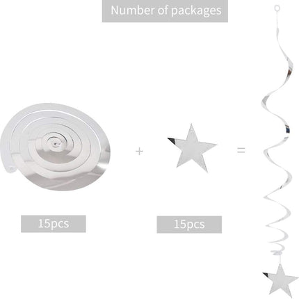 Silver Star Hanging Swirl Decorations,Hanging Silver Party Supplies for Graduation Wedding Baby Shower Decorations, Pack of 15.