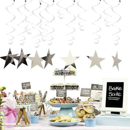 Silver Star Hanging Swirl Decorations,Hanging Silver Party Supplies for Graduation Wedding Baby Shower Decorations, Pack of 15.
