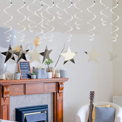 Silver Star Hanging Swirl Decorations,Hanging Silver Party Supplies for Graduation Wedding Baby Shower Decorations, Pack of 15.