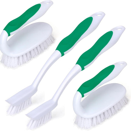 Scrub Brush Set, 4 Pack Deep Cleaning Brush Kit - 2 Scrub Brush, 2 Tile & Grout Brush with Built-in Scraper, Household Commercial Scrubber for Floor, Shower, Pool Wall, Tub (Green).