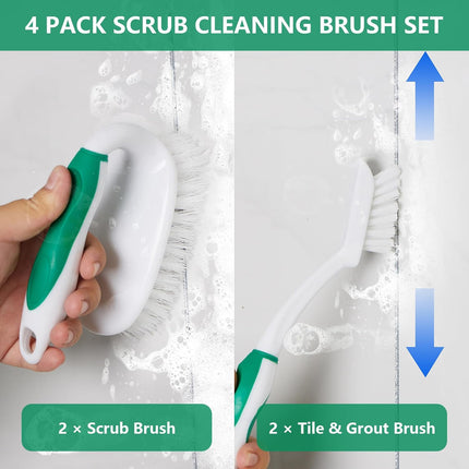 Scrub Brush Set, 4 Pack Deep Cleaning Brush Kit - 2 Scrub Brush, 2 Tile & Grout Brush with Built-in Scraper, Household Commercial Scrubber for Floor, Shower, Pool Wall, Tub (Green).