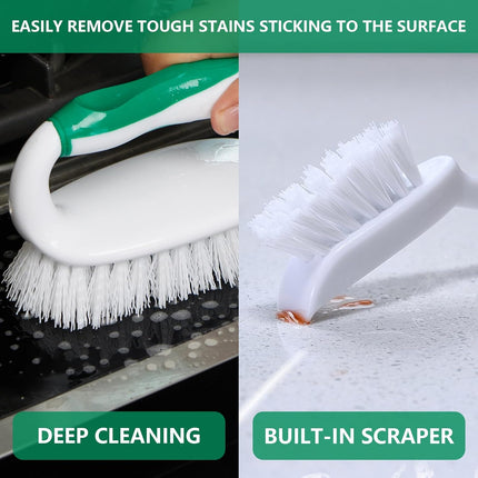 Scrub Brush Set, 4 Pack Deep Cleaning Brush Kit - 2 Scrub Brush, 2 Tile & Grout Brush with Built-in Scraper, Household Commercial Scrubber for Floor, Shower, Pool Wall, Tub (Green).