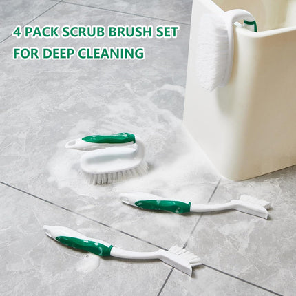 Scrub Brush Set, 4 Pack Deep Cleaning Brush Kit - 2 Scrub Brush, 2 Tile & Grout Brush with Built-in Scraper, Household Commercial Scrubber for Floor, Shower, Pool Wall, Tub (Green).