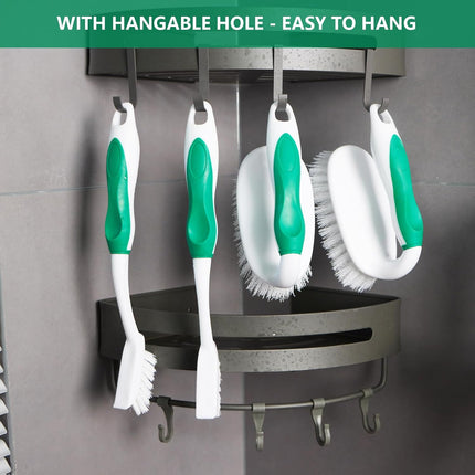 Scrub Brush Set, 4 Pack Deep Cleaning Brush Kit - 2 Scrub Brush, 2 Tile & Grout Brush with Built-in Scraper, Household Commercial Scrubber for Floor, Shower, Pool Wall, Tub (Green).