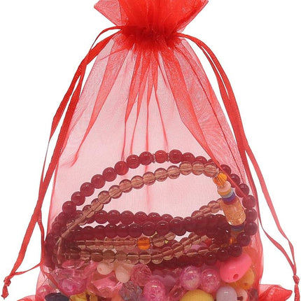 Organza Bags Red 100pcs, 5 x 7 inches Christmas Gift Drawstring Bags Mesh Jewelry Pouches for Wedding Party Favors.