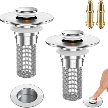 2PCS Bathroom Sink Stopper Strainer, Pop-Up Bathroom Sink Drain Strainer with Removable Stainless Steel Hair Catcher Basket, Universal Fit for US Bathroom Sinks, Bathtubs, Showers & Floor Drains.