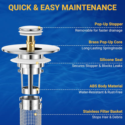 2PCS Bathroom Sink Stopper Strainer, Pop-Up Bathroom Sink Drain Strainer with Removable Stainless Steel Hair Catcher Basket, Universal Fit for US Bathroom Sinks, Bathtubs, Showers & Floor Drains.