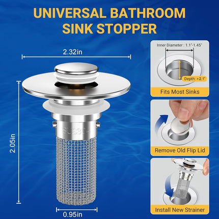 2PCS Bathroom Sink Stopper Strainer, Pop-Up Bathroom Sink Drain Strainer with Removable Stainless Steel Hair Catcher Basket, Universal Fit for US Bathroom Sinks, Bathtubs, Showers & Floor Drains.