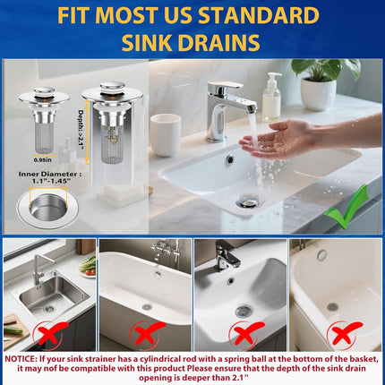 2PCS Bathroom Sink Stopper Strainer, Pop-Up Bathroom Sink Drain Strainer with Removable Stainless Steel Hair Catcher Basket, Universal Fit for US Bathroom Sinks, Bathtubs, Showers & Floor Drains.