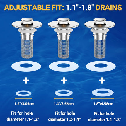 2PCS Bathroom Sink Stopper Strainer, Pop-Up Bathroom Sink Drain Strainer with Removable Stainless Steel Hair Catcher Basket, Universal Fit for US Bathroom Sinks, Bathtubs, Showers & Floor Drains.