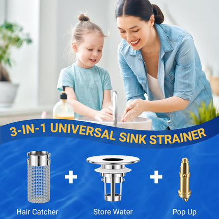 2PCS Bathroom Sink Stopper Strainer, Pop-Up Bathroom Sink Drain Strainer with Removable Stainless Steel Hair Catcher Basket, Universal Fit for US Bathroom Sinks, Bathtubs, Showers & Floor Drains.