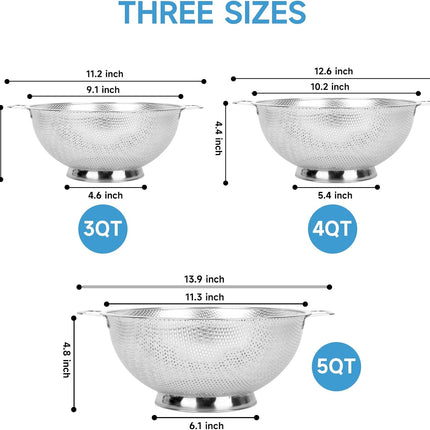 Colander for Kitchen, 3QT, Stainless Steel Colander Strainer with Handle for Fruits Vegetables Cooking Food, Dishwasher Safe.