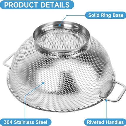 Colander for Kitchen, 3QT, Stainless Steel Colander Strainer with Handle for Fruits Vegetables Cooking Food, Dishwasher Safe.