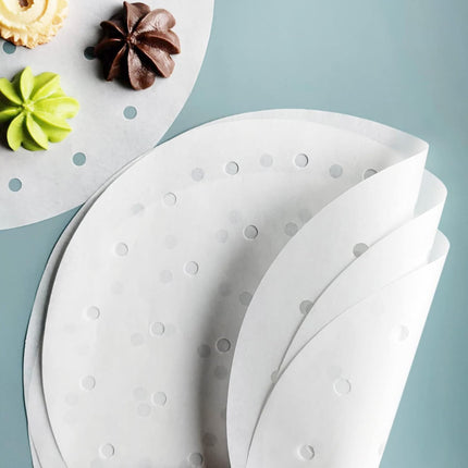 100 PCS Bamboo Steamer Liner, 10" Round Air Fryer Parchment Paper with Holes, White Anti-Stick Steamer Paper.